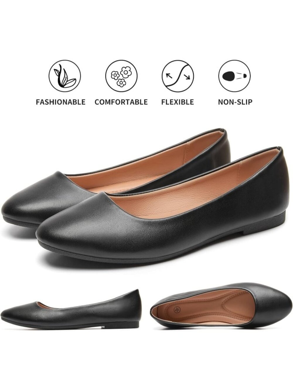 Women's Black Comfortable PU Leather Round Toe Solid Slip on Ballet Flat Shoes - Picture 5 of 6